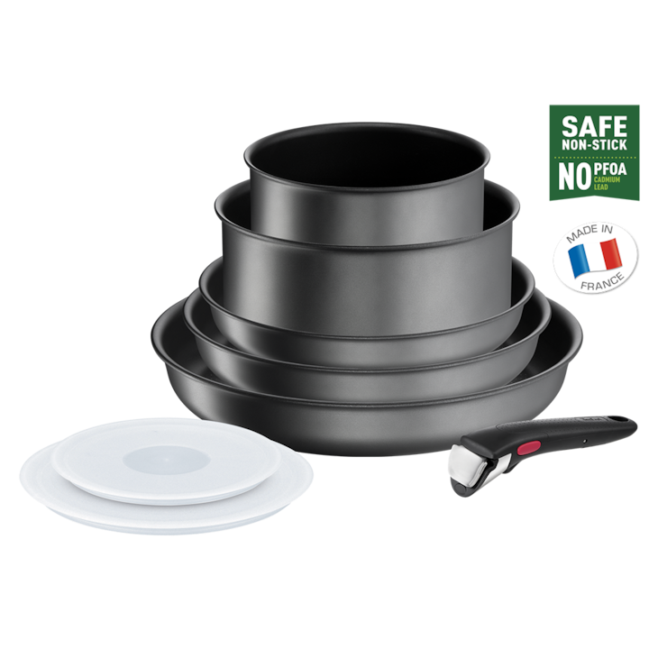 Reducere  RESIGILAT: Set de 8 piese Tefal Ingenio Daily Chef, inductie, tigai 28/24/22 cm, oala 16/20 cm, maner detasabil, 2 capace ermetice, invelis antiaderent Titanium, maner detasabil, indicator temperature Thermo-Signal, gri