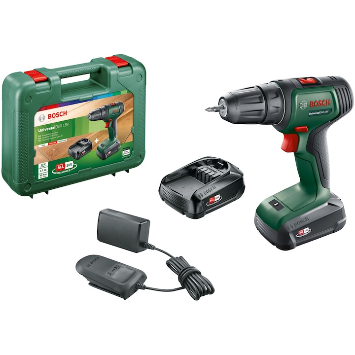 Reducere  RESIGILAT: Masina de gaurit si insurubat (bormasina) pe acumulator Bosch UniversalDrill 06039D4002, 18 V, 1.5 Ah, 1450 RPM, 23/32 Nm, 30 mm diametru maxim gaurire, 2 acumulatori, incarcator, cap surubelnita dublu, valiza profesionala