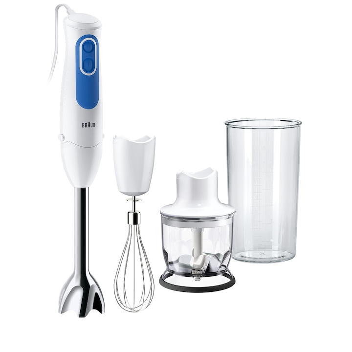 Reducere  RESIGILAT: Mixer vertical Braun MQ3025WH SPAGHETTI, 700 W, Pahar gradat 0.6 l, Tocator 0.35 l, Tel, 2 viteze, Alb/Albastru