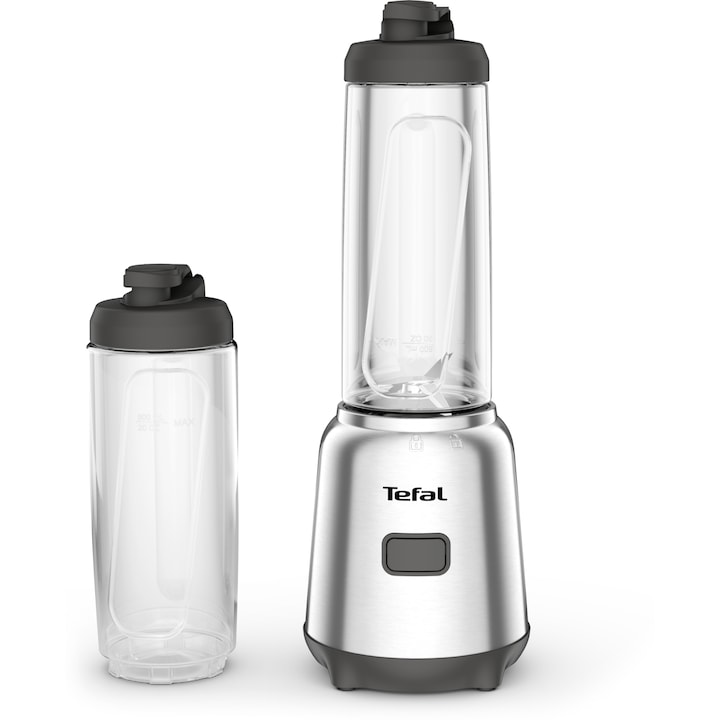 Reducere  RESIGILAT: Blender Tefal Mix & Move BL15FD30, 300W, 0.6L, 4 lame detasabile, 2 recipiente portabile din tritan cu capac, argintiu