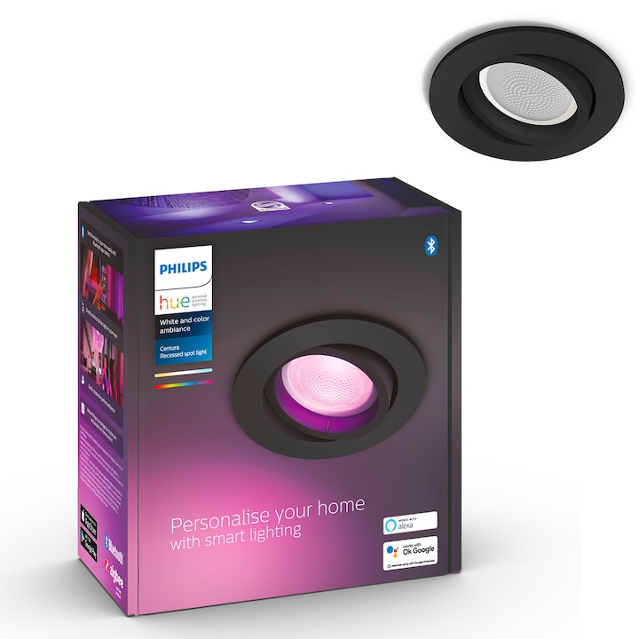 Reducere  RESIGILAT: Spot luminos incastrat LED RGB inteligent Philips Hue Centura, Bluetooth, GU10, 5.7W, 230 lm, lumina alba si colorata, Negru, clasa energetica G