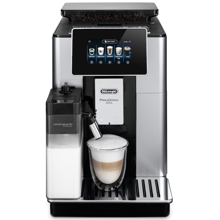 Reducere  RESIGILAT: Espressor automat De’Longhi PrimaDonna SOUL ECAM 610.55.SB, 1450W, 16 tipuri de bauturi, 19 bari, Carafa pentru lapte, Sistem LatteCrema, Rasnita cu tehnologie Bean Adapt, Coffee Link App, Negru argintiu