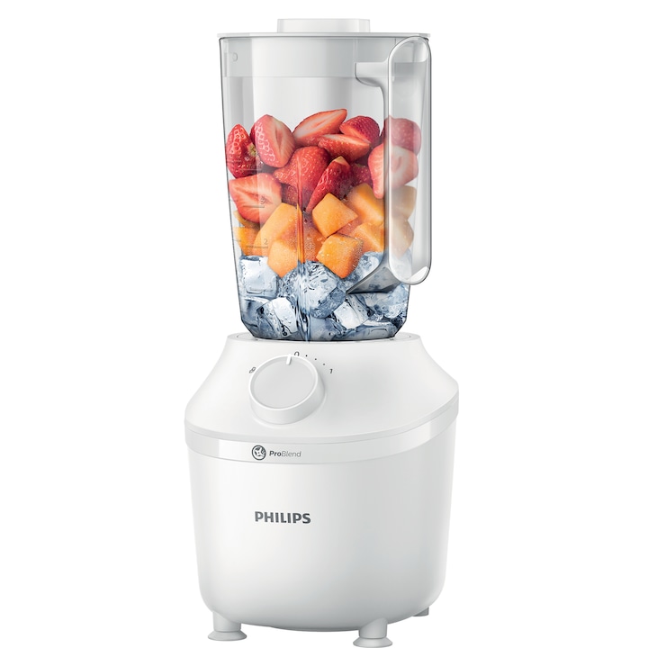 Reducere  RESIGILAT: Blender Philips Seria 3000 HR2041/00, 450 W, 1l, 1 viteza + buton Pulse, sistem ProBlend, 1 viteza + buton Pulse, recipient plastic, picioare antivibratie, alb