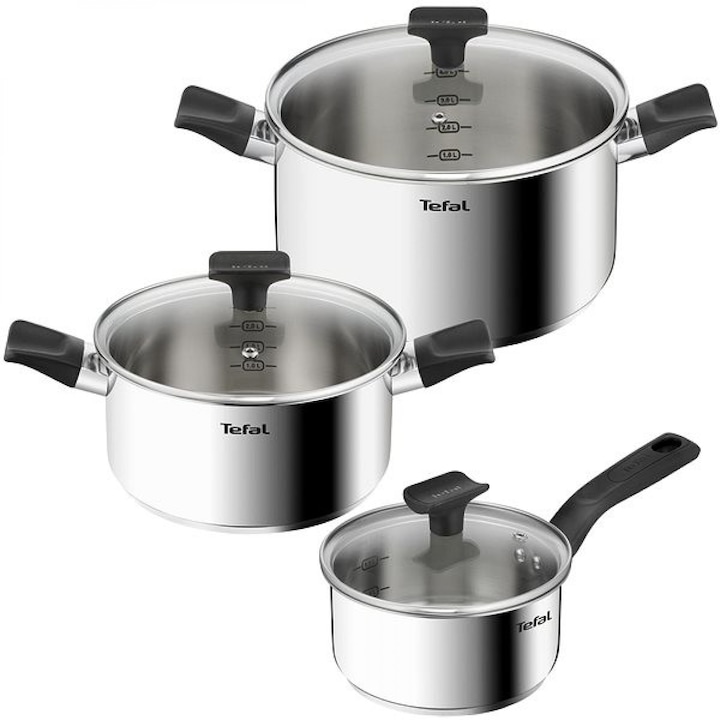 Reducere  RESIGILAT: Set 6 piese Tefal Delicious, inductie, cratita de 16 cm, oala de 20/24 cm, 3 capace de sticla, manere ergonomice, interior gradat, inox premium, argintiu