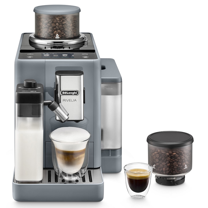 Reducere  RESIGILAT: Espressor automat De’Longhi Rivelia EXAM 440.55.G, 0132215475, 1450W, 15 tipuri de bauturi, 19 bari, 2 recipiente pentru boabe, Tehnologie Bean Adapt, Carafa cu tehnologie LatteCrema Hot, Gri