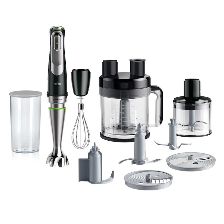 Reducere  RESIGILAT: Mixer vertical Braun MQ9195XLI, 1200 W, Pahar gradat 0.6 l, Tocator 0.5l, Procesor alimente 2l, Accesoriu taiere cuburi, Tel, viteza variabila, Negru