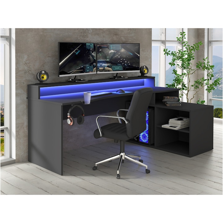 Reducere  RESIGILAT: Birou Kring Gaming, 200x91x125 cm, culoare negru, include LED suport casti si suport bautura