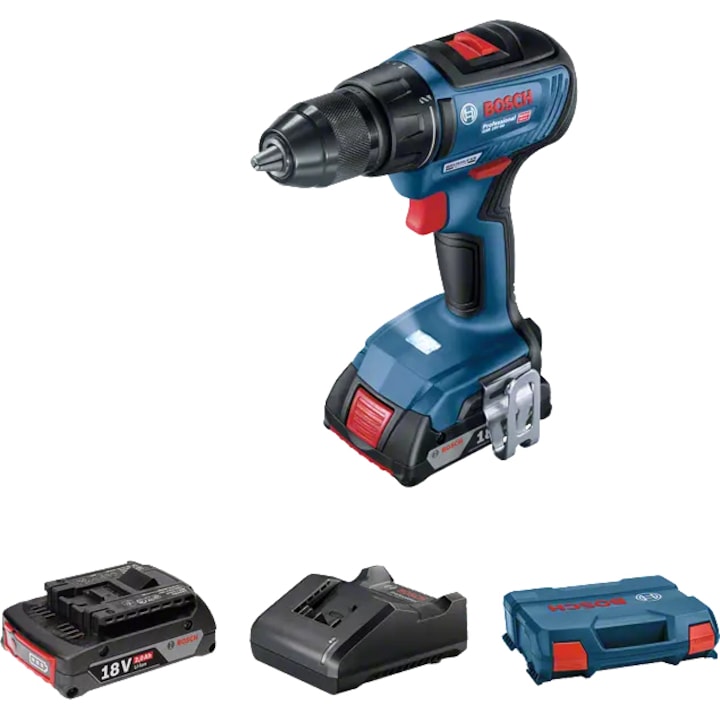 Reducere  RESIGILAT: Masina de gaurit si insurubat (bormasina) pe acumulator Bosch Professional GSR 18V-50, 18 V, 50 Nm, 1800 RPM, 20+1 trepte torsiune, 2 acumulatori 2Ah, motor motor fara perii/brushless, incarcator, carcasa L-case