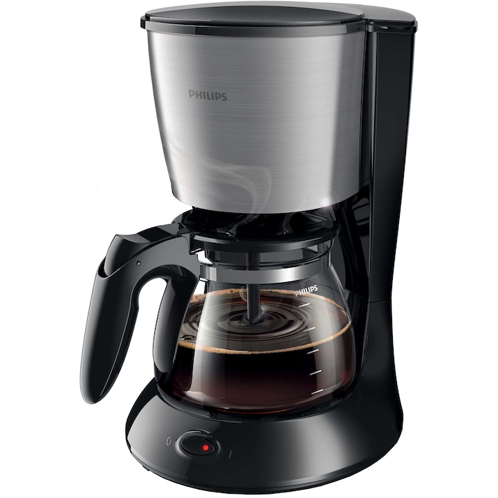 Reducere  RESIGILAT: Cafetiera Philips Daily Collection HD7462/20, Sistem Anti-picurare, Sistem Aroma twister, Vas de sticla, 1000W, 1.2 l, 2-15 cesti, Negru si metalic