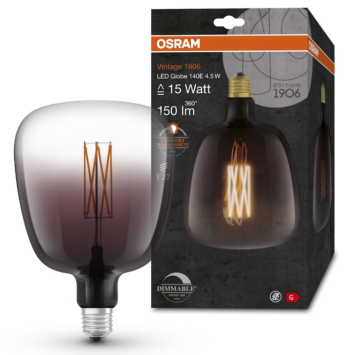 Reducere  RESIGILAT: Bec LED vintage (decorativ) Osram 1906 Globe 140, dimabil, filament, E27, 4.5W (15W), 150 lm, lumina calda (1600K), Smoke, clasa energetica G