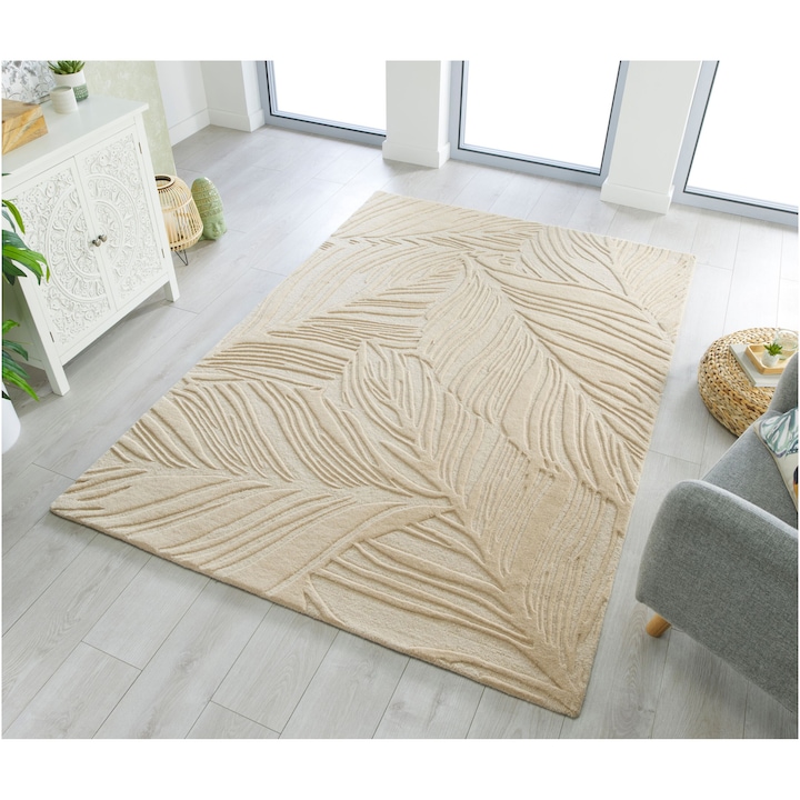 Reducere  RESIGILAT: Covor dreptunghiular Flair Rugs Lino Leaf, 160 x 230 cm, 3700 g/m², 100% Lana, Crem