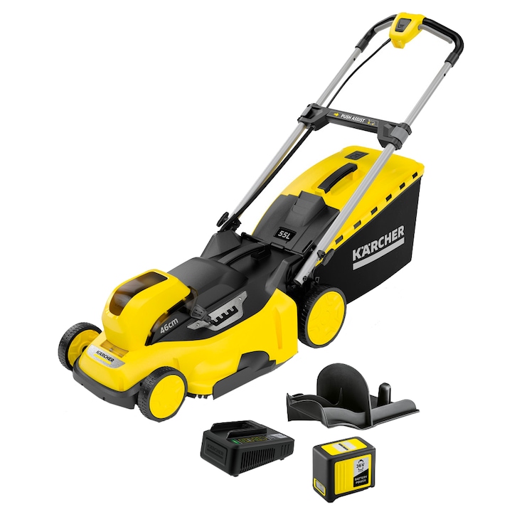 Reducere  RESIGILAT: Masina de tuns gazon/iarba pe acumulator Karcher LMO 36-46, 36 V 5.0 Ah, 46 cm latime lucru, 20 – 70 mm inaltime taiere, functie de taiere + mulcire, sac colector 55 L, tractiune spate, contine: acumulator 36V 5Ah + incarcator rapid