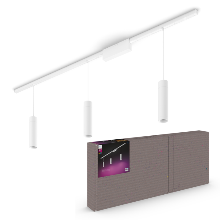 Reducere  RESIGILAT: Spot luminos Philips Hue Perifo, kit de baza, 3 spoturi, Bluetooth si Zigbee, control vocal, bec 24V, LED RGB, lumina alba si colorata (2000-6500K), IP20, 171.5cm, Alb, clasa energetica F