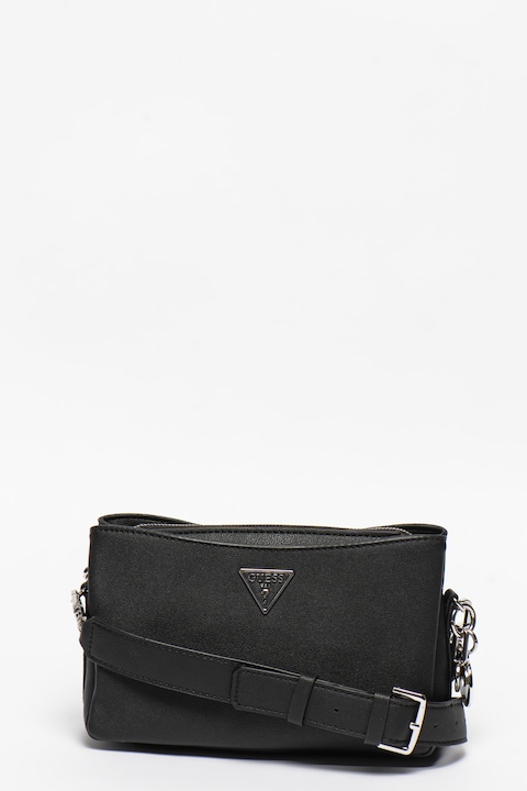 Reducere  RESIGILAT: GUESS – Geanta crossbody de piele ecologica cu accesoriu logo Ambrose, Negru