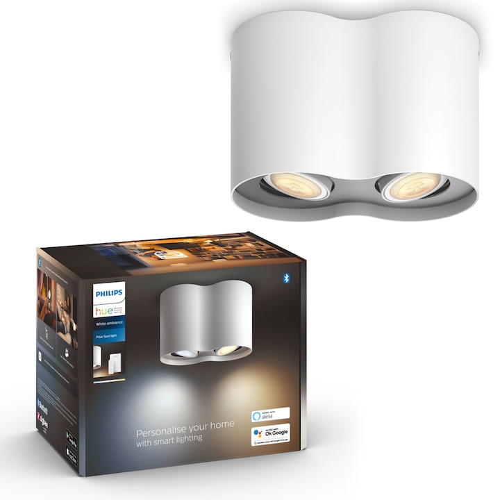 Reducere  RESIGILAT: Spot inteligent Philips Hue Pillar, Bluetooth, Zigbee Light Link, cu intrerupator inclus, 2xGU10, 10W (50W), 700 lm, lumina ambianta alba (2200-6500K), 12×19.3×10.3 cm, Alb, clasa energetica G