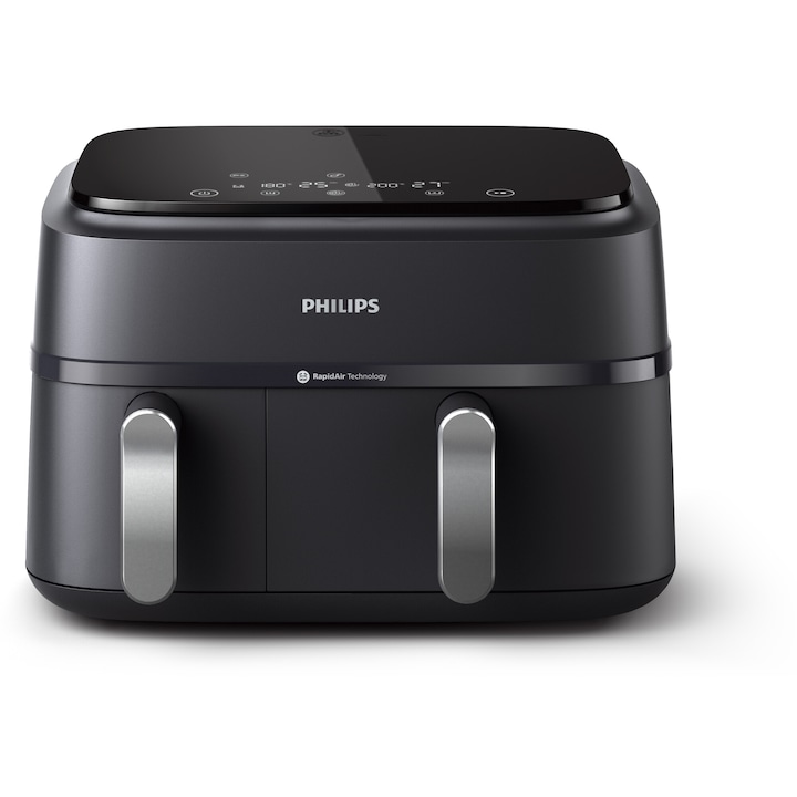 Reducere  RESIGILAT: Friteuza dubla fara ulei Philips Airfryer Seria 3000 NA351/00, tehnologia Rapid Air, 2 recipiente de 2 dimensiuni, afisaj digital, 8 presetari, capacitate 9 litri, cronometru, compatibila cu HomeID