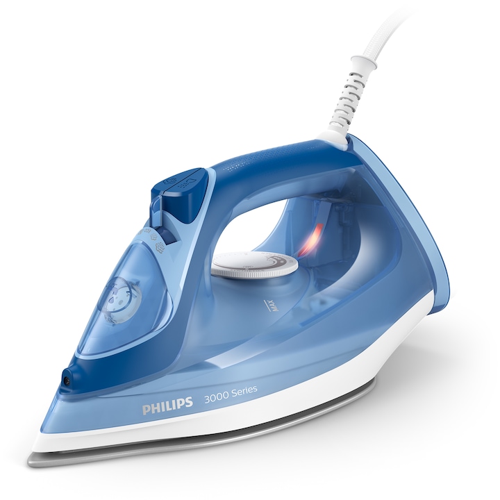 Reducere  RESIGILAT: Fier de calcat Philips DST3031/20, putere 2400W, jet continuu de abur 40g/min, culoare albastru, rezervor de apa 300ml, talpa ceramica, oprire automata.