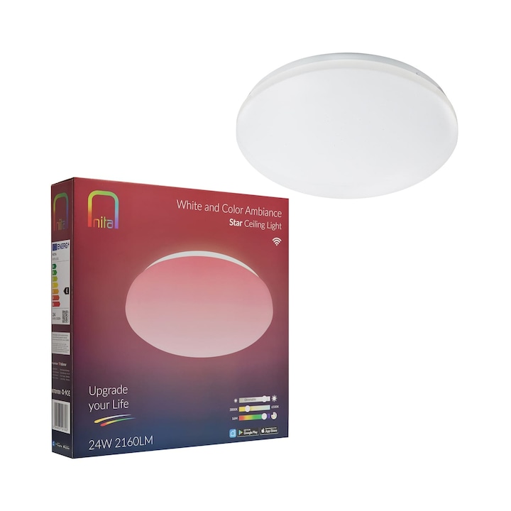 Reducere  RESIGILAT: Plafoniera LED RGBW inteligenta Nita Smart Star NT01101, Wi-Fi, Bluetooth, dimabila, 24W, 2160 lm, lumina alba si colorata (2700K-6500K), 36.5 cm, clasa energetica E