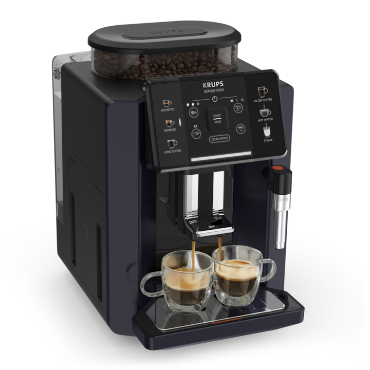 Reducere  RESIGILAT: Espressor automat KRUPS Sensation EA910B10, 5 retete, ecran tactil, presiune 15 bari, capacitate rezervor cafea 260g, duza de abur, 1450 W, Sistem Thermoblock Compact, negru & violet