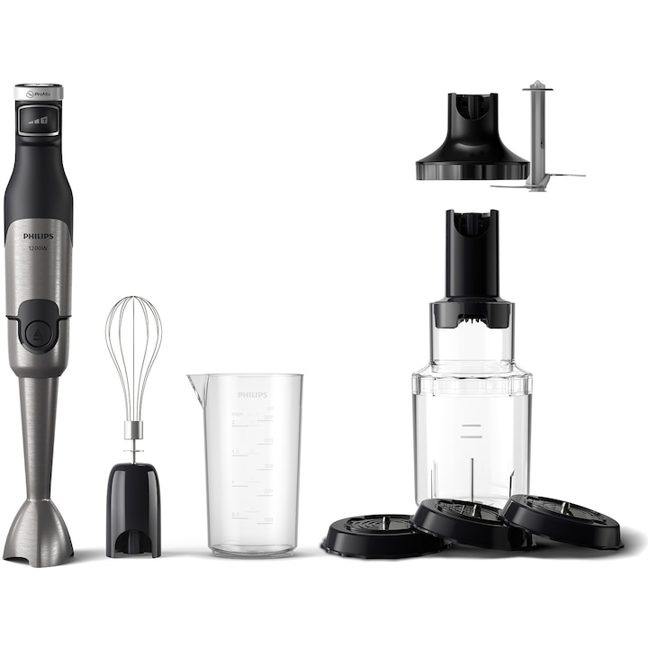 Reducere  RESIGILAT: Mixer vertical Philips HR2684/00 Seria 5000, 1200 W, Tehnologie SpeedTouch, Aparatoare impotriva stropirii pentru lama, Indicator de viteza cu LED, Accesorii tel, tocator XL si spiralizator, negru/argintiu