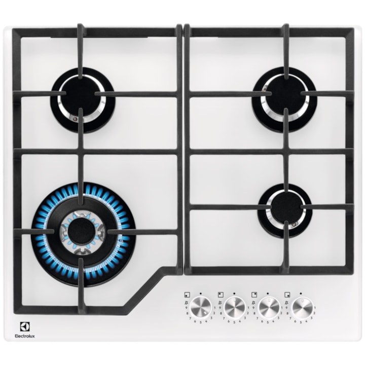 Reducere  RESIGILAT: Plita incorporabila Electrolux KGG64362W, Gaz, 4 arzatoare, Arzator Wok. Aprindere electrica integrata, Dispozitiv siguranta, Gratare fonta, 60 cm, Alb