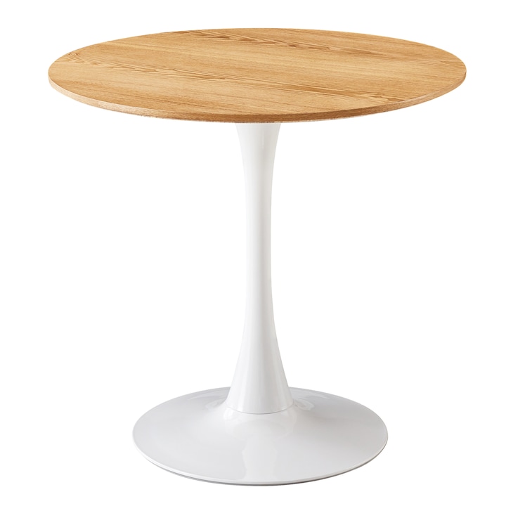 Reducere  RESIGILAT: Masa dining/bucatarie Kring Swan, rotunda, cu piedestal, blat MDF / baza metal, 80×73 cm, Alb / Stejar