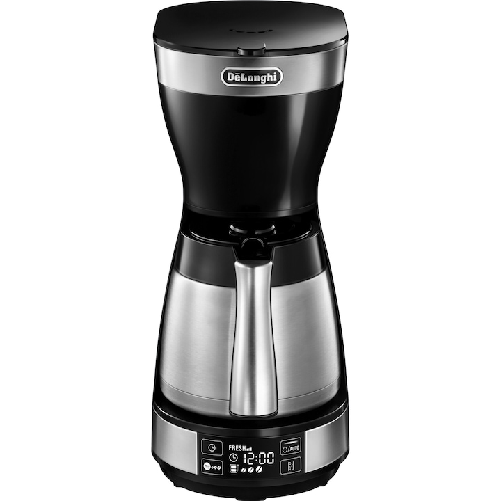 Reducere  RESIGILAT: Cafetiera De’Longhi ICM16731, 1200W, Carafa termica din otel inoxidabil, Capacitate 1.25 L, 10 cesti, Ecran LCD, Timer, Selector Aroma, Sistem anti-picurare, Oprire automata, Inox/Negru