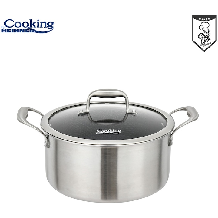 Reducere  RESIGILAT: Oala cu capac sticla Cooking by Heinner Titanium, 3 straturi, inox, inductie, 24 x 12 cm, 5 L