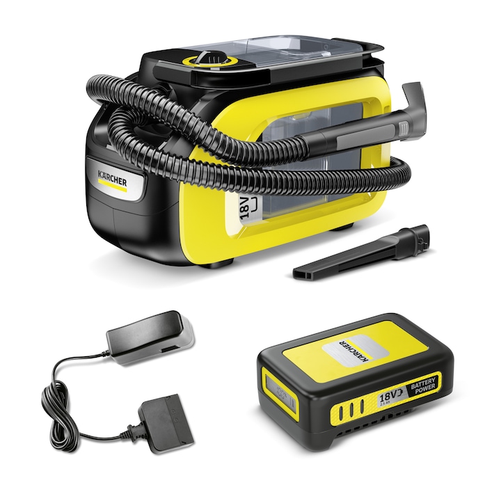 Reducere  RESIGILAT: Aspirator cu spalare Karcher SE 3-18 Compact Batteryset, 1.081-502.0, baterie de 18 V inclusa, rezervor apa curata /reciclata 1,9 / 1,2, furtun 2 in 1 si functie de spalare, Galben/Negru