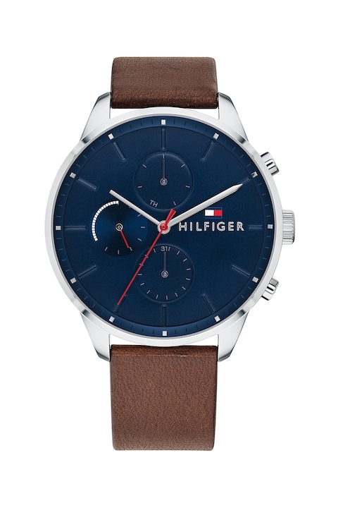 Reducere  RESIGILAT: Tommy Hilfiger – Ceas analog cu o curea de piele, Maro coniac/Argintiu/Bleumarin