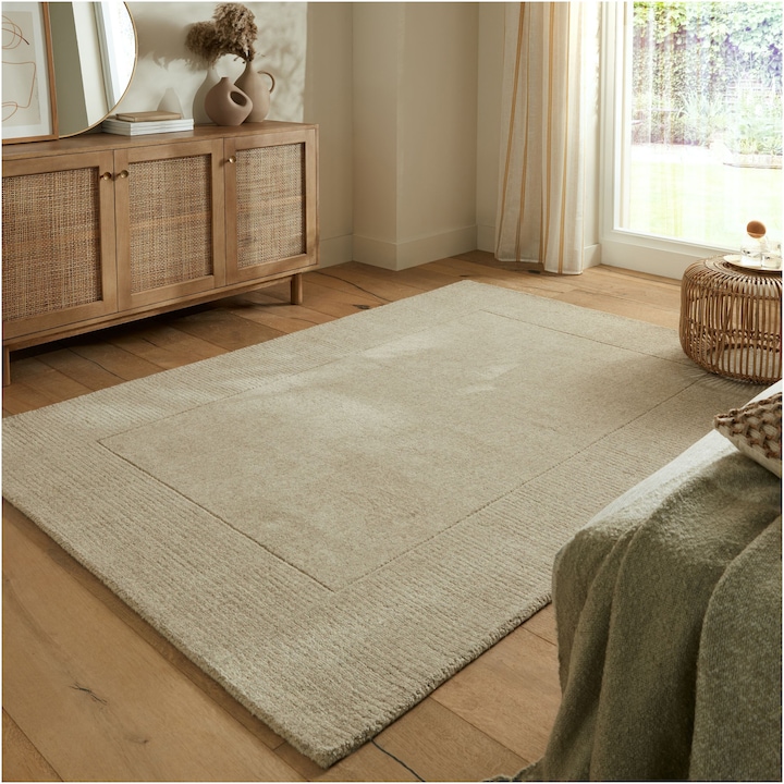 Reducere  RESIGILAT: Covor dreptunghiular Flair Rugs Textured Wool Border, 160 x 230 cm, 3000 g/m², 100% Lana, Crem