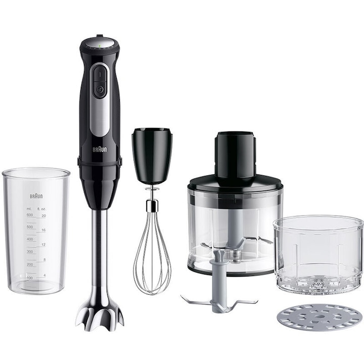 Reducere  RESIGILAT: Mixer vertical Braun MQ55254M, 1000 W, 25 trepte viteza, Functie Turbo, Tocator SizeControl 500 ml, Pahar gradat 600 ml, Tel, Negru/Inox