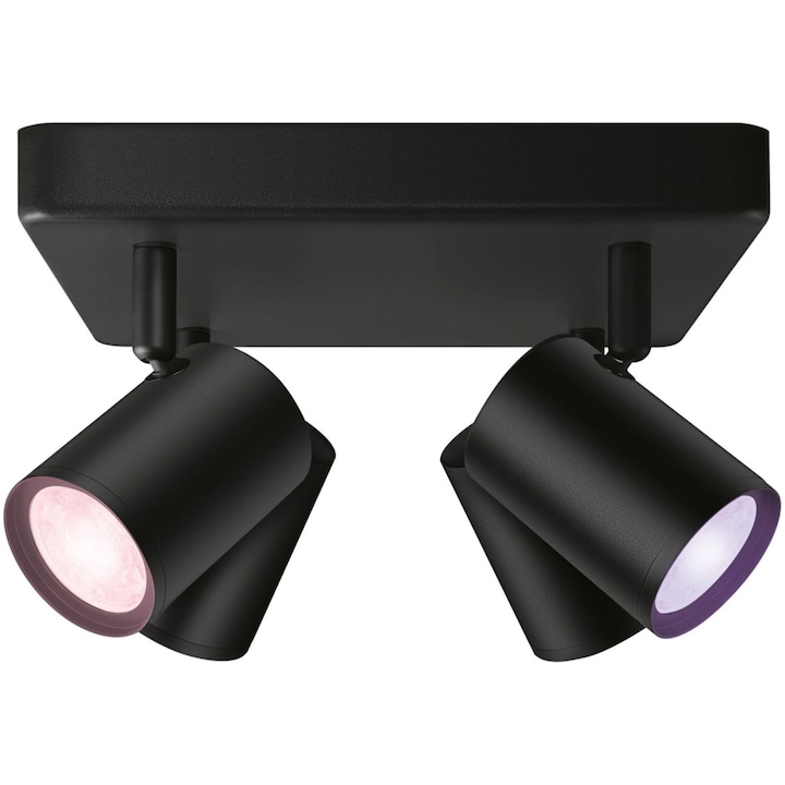 Reducere  RESIGILAT: Spot luminos WiZ Imageo SQ, Wi-Fi + Bluetooth, LED RGB, control vocal, 4xGU10, 4x5W, 1380 lm, lumina alba si colorata (2200-6500K RGB), IP20, 12.3x22cm, Metal, Negru, clasa energetica F