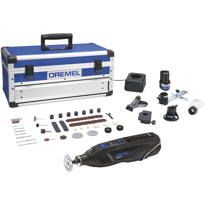 Reducere  RESIGILAT: Unealta functionala DREMEL 8260 (8260-5/65), 12 V, 3 Ah, 5.000-30.000 RPM, acumulator, incarcator, 65 accesorii, atasament prindere, ghidaj taiere multifunctional, geanta aluminiu