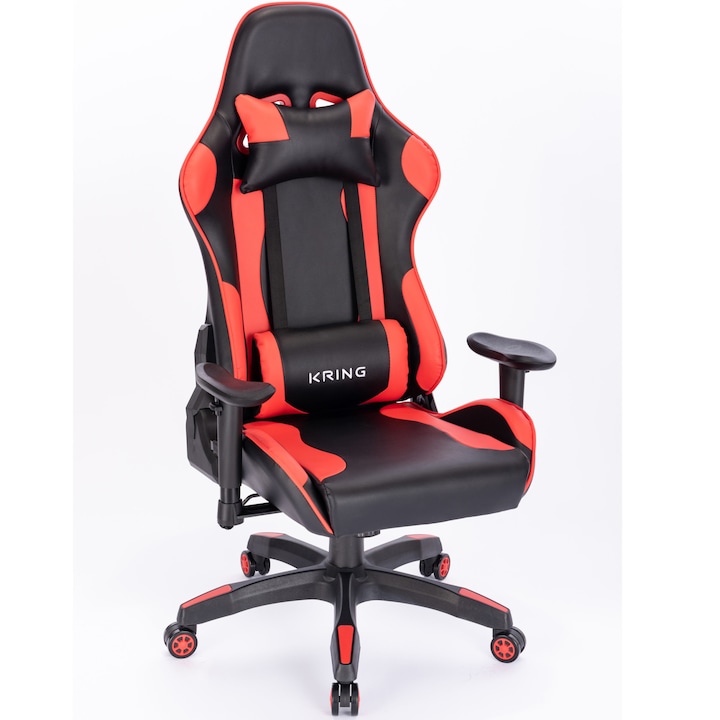 Reducere  RESIGILAT: Scaun gaming Kring V-Racer, rotativ, suport lombar, tetiera, cotiere reglabile, inaltime ajustabila, spuma cu memorie, PU, Negru/Rosu