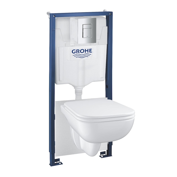 Reducere  RESIGILAT: Pachet 5in1 WC Grohe Solido Edge 39817000, cadru, Rimless, SoftClose, elemente montaj, placa actionare, Alb/Crom