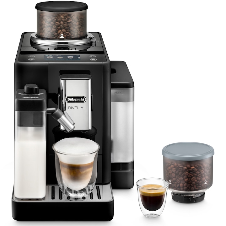 Reducere  RESIGILAT: Espressor automat De’Longhi Rivelia EXAM 440.55.B, 0132215472, 1450W, 15 tipuri de bauturi, 19 bari, 2 recipiente pentru boabe, Tehnologie Bean Adapt, Carafa cu tehnologie LatteCrema Hot, Negru