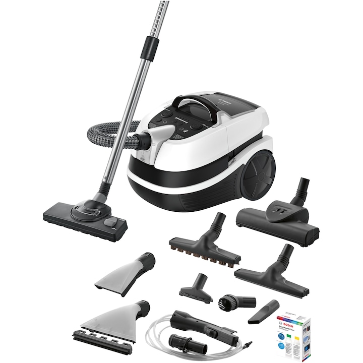 Reducere  RESIGILAT: Aspirator cu spalare Bosch BWD421PRO, 2100 W, Filtru Hepa, Perii Turbo si parchet, Reglare electronica a puterii, Alb/Negru