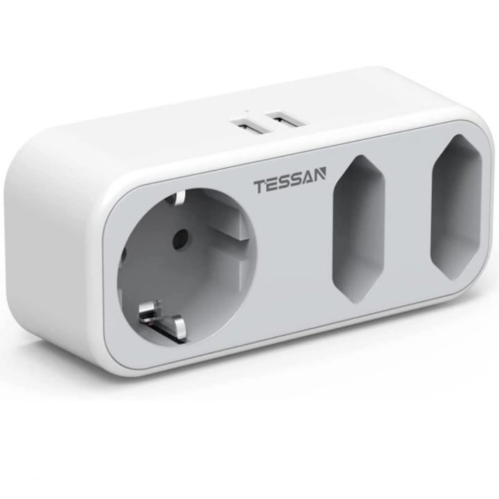 Reducere  RESIGILAT: Adaptor priza Tessan TS-324, 3 prize, 16A, 2xUSB 5V/2.4A, indicator LED, Alb