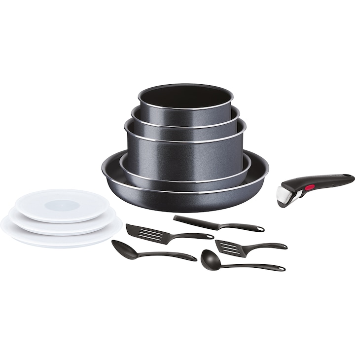 Reducere  RESIGILAT: Set vase de gatit 14 piese Tefal XL Force, tigaie 22/28 cm, cratita 16/18/20 cm, 1 maner detasabil, 5 ustensile, 3 capace ermetice 16/18/20 cm