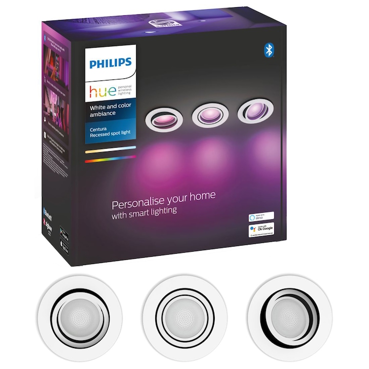 Reducere  RESIGILAT: Pachet 3 spoturi incastrate LED RGB inteligente Philips Hue Centura, Bluetooth, GU10, 3×5.7W, 750 lm, lumina alba si colorata, Alb, clasa energetica G