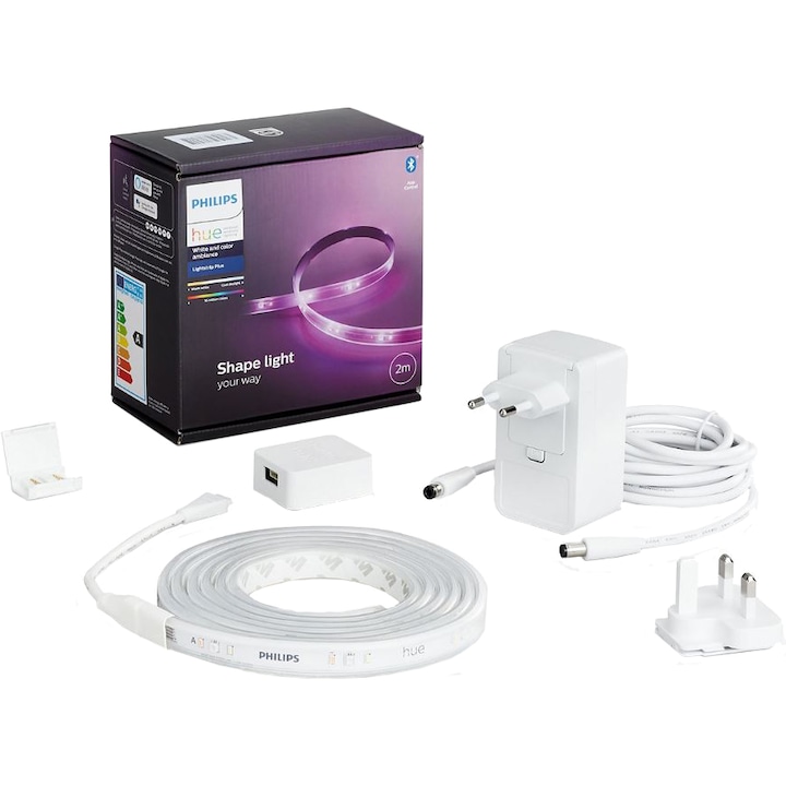 Reducere  RESIGILAT: Banda LED RGBW inteligenta Philips Hue Lightstrip Plus V4, ZigBee Light Link, Bluetooth, 20W, 1600 lm, lumina ambianta alba si color, 2 m