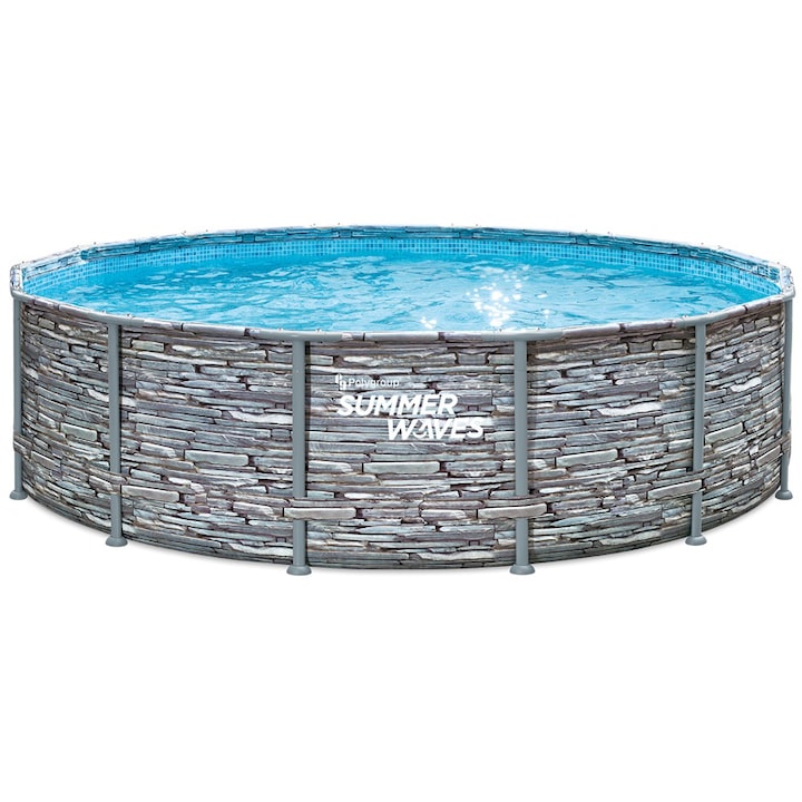 Reducere  RESIGILAT: Piscina rotunda cu pompa cu filtru, prelata protectie si scara acces incluse Summer Waves, diametru 4.27 m, inaltime 107 cm, PVC/otel, aspect piatra, gri