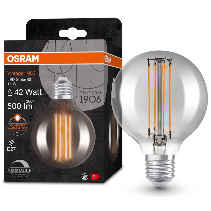 Reducere  RESIGILAT: Bec LED vintage (decorativ) Osram 1906 Globe 80, dimabil, filament, E27, 11W (42W), 500 lm, lumina calda (1800K), Smoke, clasa energetica G