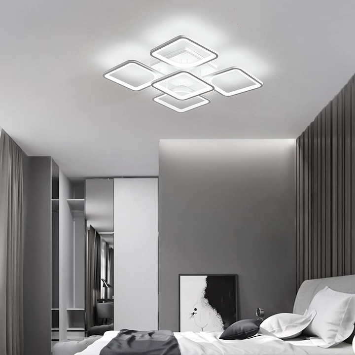 Reducere  RESIGILAT: Lustra LED integrat SLC Selino Concept Quadrato 4+1, 76-152W, cu aplicatie telefon, telecomanda, lumina calda/neutra/rece, intensitate reglabila, 39 cm, Alb, clasa energetica G