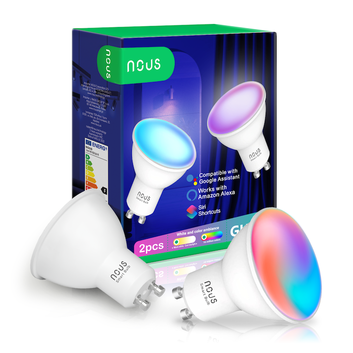 Reducere  RESIGILAT: Pachet 2 becuri LED RGB inteligente Nous P8, Wi-Fi, GU10, 4.5W, 350 lm, lumina alba si colorata (2700-6500K), control din aplicatie, compatibil Google Home/Amazon Alexa , clasa energetica F