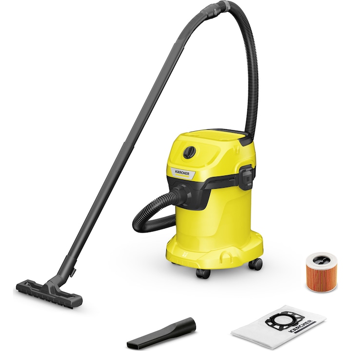 Reducere  RESIGILAT: Aspirator multifunctional Karcher WD 3 V-15/4/20, aspirare umeda si uscata, 15l, furtun 1.8m, 1000W, functie de suflare , galben/Negru