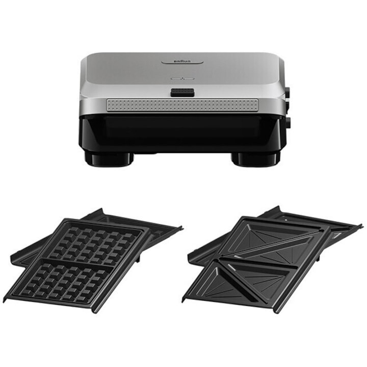 Reducere  RESIGILAT: Sandwich-maker BRAUN SM5005, 800W, 2 seturi placi detasabile, invelis antiaderent premium, argintiu-negru