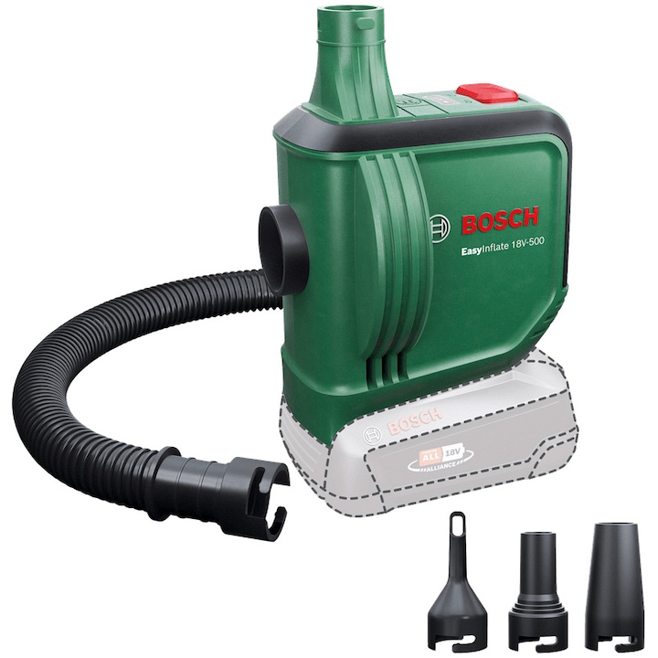 Reducere  RESIGILAT: Mini compresor pe acumulator Bosch EasyInflate 0603947200, 18 V, 0.03 bari presiune maxima, 1 psi, 3 kPa, 530 l/min volum, 3 duze aer, furtun 50 cm, geanta textil, fara acumulator/incarcator