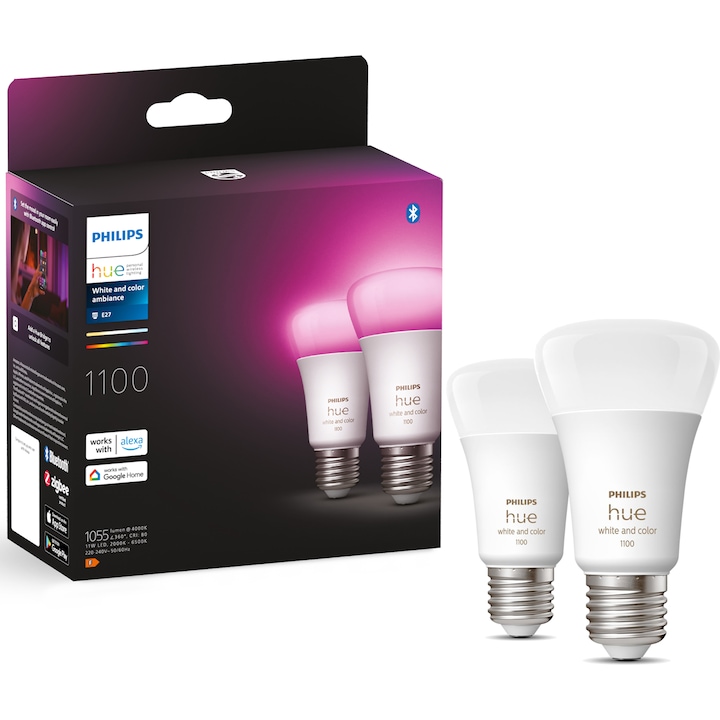 Reducere  RESIGILAT: Pachet 2 becuri LED RGB inteligente Philips Hue, Bluetooth, Zigbee, A60, E27, 11W (75W), 1055 lm, lumina alba si colorata, clasa energetica F